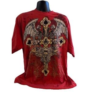 Rare Vintage Y2K AvireX Stud Red  Iron Cross Winged Skeleton Goth T Shirt SZ XXL